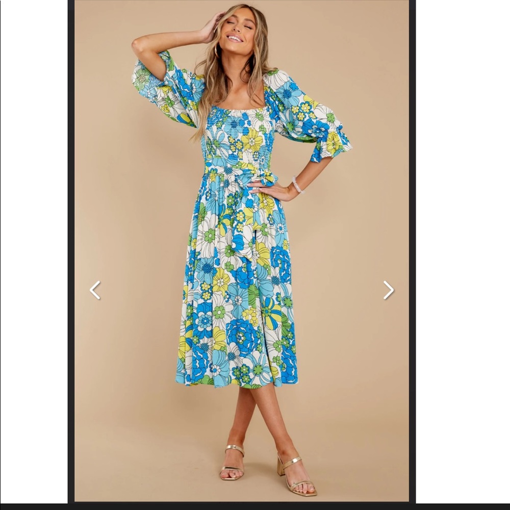 Aura+ Red Dress Boutique+ Inspiring Joy Blue Multi Floral Print Midi Dress+ Sz M